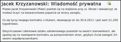 Wiadomość o pierwszym kontrakcie zaraz po przyjściu do klubu. - Kontrakt menedżera - Prowadzenie klubu - Football Manager 2010 - poradnik do gry