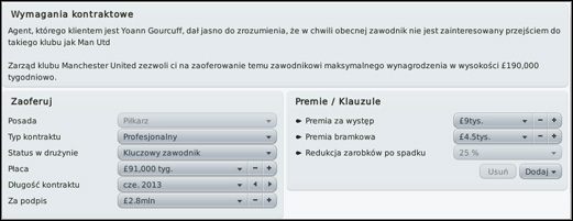 W Wymaganiach kontraktowych mamy możliwość wglądu w oczekiwania zawodnika wobec swego przyszłego pracodawcy - Transfery i rotacja - Prowadzenie klubu - Football Manager 2010 - poradnik do gry