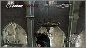 Będąc wyżej przechodzimy na przeciwległą część pomieszczenia i skręcamy w prawo - musimy skoczyć na belkę i rozhuśtać się na niej, aby dostać się dalej - Wenecja - Kryjówka Templariuszy | Lokacje dodatkowe w Assassins Creed II - Assassins Creed II - poradnik do gry