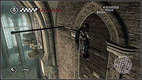 Po opuszczeniu drabiny przechodzimy belkami w stronę bocznej ściany i skaczemy na miejsce z widocznie wystającymi cegłami - Wenecja - Kryjówka Templariuszy | Lokacje dodatkowe w Assassins Creed II - Assassins Creed II - poradnik do gry