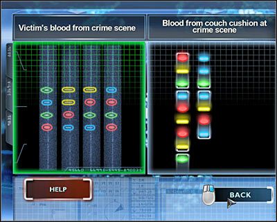 Ponownie przystąp do analizy DNA, tym razem zestawiając Victims blood from crime scene (Krew ofiary z miejsca zbrodni) z Blood from couch cushion at crime scene (Krew z kanapy) - [Odcinek 1 - Broken Hearted] Część 4 | CSI Mordercze Zamiary - CSI: Mordercze Zamiary - poradnik do gry