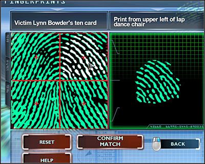 Wejdź do lewego pomieszczenia (DATA LAB), kliknij na prawym komputerze i wybierz opcję porównywania odcisków palców (FINGERPRINT) - [Odcinek 1 - Broken Hearted] Część 6 | CSI Mordercze Zamiary - CSI: Mordercze Zamiary - poradnik do gry