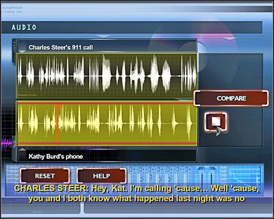Wejdź do lewego pomieszczenia (DATA LAB), kliknij na wyświetlaczu wiszącym na ścianie i wybierz pierwszą opcję z menu głównego - Audio - [Odcinek 1 - Broken Hearted] Część 12 | CSI Mordercze Zamiary - CSI: Mordercze Zamiary - poradnik do gry