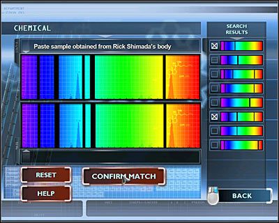 Do analizy musisz wybrać Paste sample obtained from Rick Shimadas body (Próbka kleistej substancji odnalezionej na ciele Ricka Shimady) - [Odcinek 2 - Coulda Been a Contender] Część 3 | CSI Mordercze Zamiary - CSI: Mordercze Zamiary - poradnik do gry