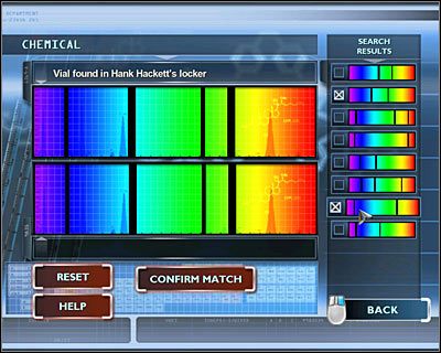 Wejdź do prawego pomieszczenia (MATERIALS LAB), kliknij na lewym komputerze i wybierz analizę chemiczną (CHEMICAL) - [Odcinek 2 - Coulda Been a Contender] Część 7 | CSI Mordercze Zamiary - CSI: Mordercze Zamiary - poradnik do gry