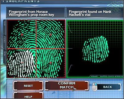 Przejdź do lewego pomieszczenia (DATA LAB) i wybierz prawy komputer, potwierdzając chęć porównania odcisków palców (FINGERPRINTS) - [Odcinek 2 - Coulda Been a Contender] Część 7 | CSI Mordercze Zamiary - CSI: Mordercze Zamiary - poradnik do gry
