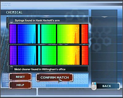 Dwa dodatkowe badania chemiczne zakładają umieszczanie w górnym slocie Syringe found in Hank Hacketts arm (Strzykawka z ramienia Hanka Hacketta) - [Odcinek 2 - Coulda Been a Contender] Część 9 | CSI Mordercze Zamiary - CSI: Mordercze Zamiary - poradnik do gry