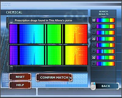 Wejdź do prawego pomieszczenia (MATERIALS LAB), kliknij na lewym komputerze i rozpocznij badanie chemiczne (CHEMICAL) - [Odcinek 2 - Coulda Been a Contender] Część 10 | CSI Mordercze Zamiary - CSI: Mordercze Zamiary - poradnik do gry