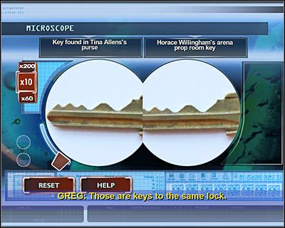 Kliknij teraz na prawym komputerze znajdującym się w tym samym pomieszczeniu i wybierz pierwszą opcję od góry (MICROSCOPE) - [Odcinek 2 - Coulda Been a Contender] Część 10 | CSI Mordercze Zamiary - CSI: Mordercze Zamiary - poradnik do gry