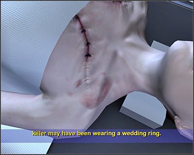 Kliknij teraz na okolicach szyi ofiary, a gra dokona przybliżenia obrazu i będziesz mógł wysłuchać komentarza Langstona - [Odcinek 3 - Last Gasp] Część 2 | CSI Mordercze Zamiary - CSI: Mordercze Zamiary - poradnik do gry