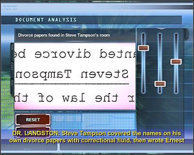 Teraz (korzystając z tego samego komputera) zdecyduj się analizę dokumentów (DOCUMENT ANALYSIS) i z listy posiadanych przedmiotów wybierz Divorce papers found in Steve Tampsons room (Papiery rozwodowe znalezione w pokoju Stevea Tampsona) - [Odcinek 3 - Last Gasp] Część 10 | CSI Mordercze Zamiary - CSI: Mordercze Zamiary - poradnik do gry