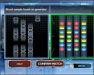 Przystąp teraz do analizy DNA (ten sam komputer), do badania wybierając Blood sample found on generator (Próbka krwi odnaleziona na generatorze) - [Odcinek 4 - Extinguished] Część 2 | CSI Mordercze Zamiary - CSI: Mordercze Zamiary - poradnik do gry
