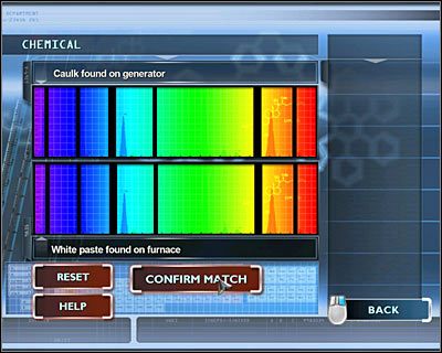 Następnie porównaj Caulk found on generator (Uszczelniacz znaleziony na generatorze) z White paste found on furnace (Kleista substancja odnaleziona na piecu) - [Odcinek 4 - Extinguished] Część 7 | CSI Mordercze Zamiary - CSI: Mordercze Zamiary - poradnik do gry