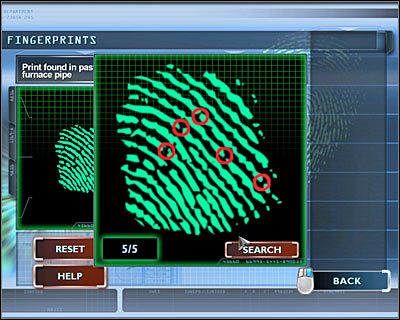 Przejdź do lewego pomieszczenia (DATA LAB), kliknij na prawym komputerze i wybierz analizę odcisków palców (FINGERPRINTS) - [Odcinek 4 - Extinguished] Część 7 | CSI Mordercze Zamiary - CSI: Mordercze Zamiary - poradnik do gry