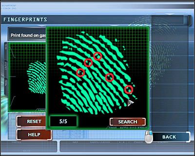 Ponownie przystąp do analizy odcisków palców (FINGERPRINTS), przy czym teraz będziesz chciał zbadać Print found on gas can (Odcisk palca odnaleziony na kanistrze z benzyną) - [Odcinek 4 - Extinguished] Część 7 | CSI Mordercze Zamiary - CSI: Mordercze Zamiary - poradnik do gry