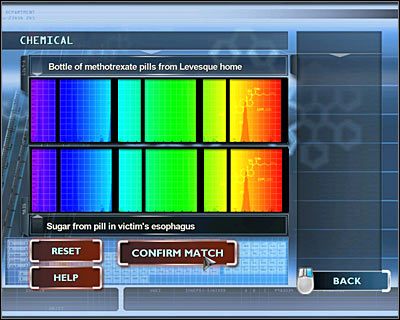 Teraz porównaj Bottle of methotrexate pills from Levesque home (Buteleczka z lekami z metotreksatem odnaleziona w domu Państwa Levesque) z Sugar from pill in victims esophagus (Cukier z pigułki z przełyku ofiary) - [Odcinek 4 - Extinguished] Część 9 | CSI Mordercze Zamiary - CSI: Mordercze Zamiary - poradnik do gry