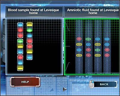 Teraz porównaj Blood sample found at Levesque home (Próba krwi odnaleziona w domu Państwa Levesque) z Amniotic fluid found at Levesque home (Owodniowy płyn odnaleziony w domu Państwa Levesque) - [Odcinek 4 - Extinguished] Część 9 | CSI Mordercze Zamiary - CSI: Mordercze Zamiary - poradnik do gry