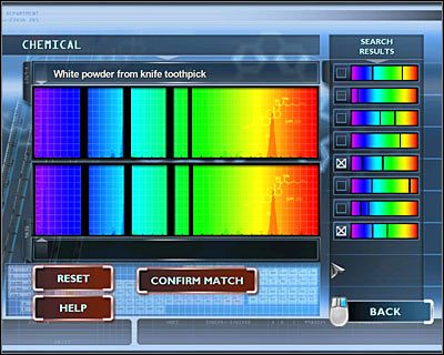Skorzystaj teraz z lewego komputera, decydując się na badanie składu chemicznego (CHEMICAL) - [Odcinek 4 - Extinguished] Część 14 | CSI Mordercze Zamiary - CSI: Mordercze Zamiary - poradnik do gry
