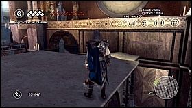 Przeskakujemy po ścianie na kamienny dach nad trumną [1] i skręcamy na prawy balkon [2] - Święć się imię Twoje - cz. 1 | Lista trofeów Assassins Creed II - Assassins Creed II - poradnik do gry