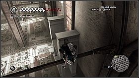 Dostajemy się na półkę za witrażem i obracamy - stąd wskakujemy na belkę i huśtamy się na poręczy - Chórzysta - cz. 1 | Lista trofeów Assassins Creed II - Assassins Creed II - poradnik do gry