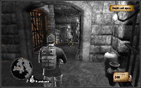 Zejdź po krętych schodach [1] na dół i wejdź w korytarz [2] - Cest ici lempire de la mort | Akt III | The Saboteur - The Saboteur - poradnik do gry