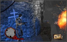 W podświetlonym na niebiesko miejscu przeskocz na drugą stronę przepaści [1] i zacznij kierować się po gzymsie w prawo [2] - Cest ici lempire de la mort | Akt III | The Saboteur - The Saboteur - poradnik do gry