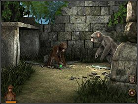 Wejdź do zrujnowanego warsztatu (po lewej), gdzie młoda samiczka Amber tłucze orzechy - Rozdział pierwszy (1) - Opis przejścia - Return to Mysterious Island 2 - poradnik do gry