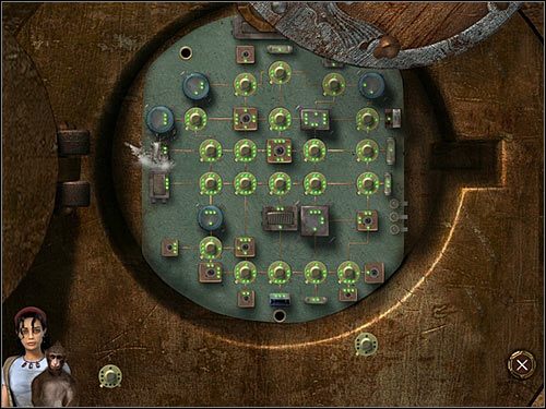 Przyjrzyj się jego układowi - trzeba go naprawić na tej samej zasadzie co poprzednio, czyli montując zabrane z drugiego robocika części i dopasowując liczbę dziurek na nich do liczby zielonych diodek, z którymi się stykają - Rozdział drugi (2) - Opis przejścia - Return to Mysterious Island 2 - poradnik do gry