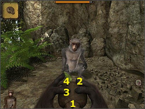 Spróbuj jeszcze raz - tym razem trzeba kliknąć: otwór w dole okaryny (1), prawy palec środkowy (2), lewy palec wskazujący (3) i lewy palec środkowy (4) - Rozdział trzeci (2) - Opis przejścia - Return to Mysterious Island 2 - poradnik do gry