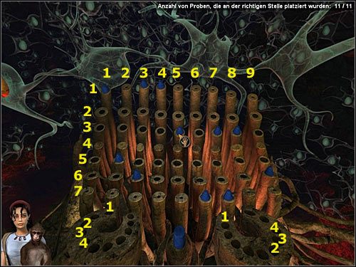 Zatyczki najprościej lokować metodą prób i błędów: brać każdą z nich, stawiać na kolejnych otworach w metalowych rurkach i patrzeć, czy przy którejś próbie nie wyświetla się informacja, że udało się umieścić zatyczkę na właściwym otworze - Rozdział siódmy - Opis przejścia - Return to Mysterious Island 2 - poradnik do gry