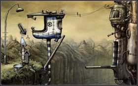 Zabieramy odsłoniętą puszkę niebieskiej farby i chwilę później - używamy jej na dużym pojemniku z farbą białą #1 - [Opis przejścia] Scena 02 | Machinarium - Machinarium - poradnik do gry