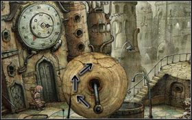 Z ogrodzenia na dole ekranu zabieramy korbkę i używamy jej na dziurze, pod zegarem #1 - [Opis przejścia] Scena 11 | Machinarium - Machinarium - poradnik do gry
