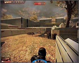 Do kolejnych walk dojdzie po dotarciu do pokazanego na drugim screenie kompleksu budynków - Mass Effect 2: Horyzont - opis przejścia, solucja - Mass Effect 2 - poradnik do gry