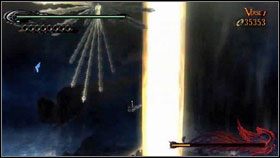 Włączy się wtedy krótka cut-scenka [1], a my musimy jak najszybciej przeskoczyć na inny kawałek skały (A) - Chapter XVI: The Lumen Sage | Opis przejścia Bayonetta - Bayonetta - poradnik do gry