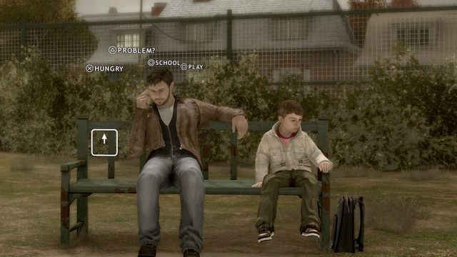 Rozmowa z synem nie przyniesie zamierzonego efektu, zwróć uwagę na bumerang wystający z plecaka - Park (The Park) | Opis przejścia Heavy Rain - Heavy Rain - poradnik do gry