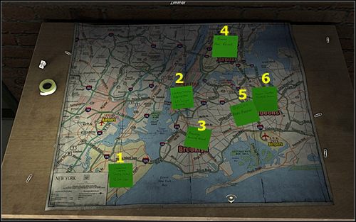 Dreamland Cinema (1) na Staten Island (u dołu po lewej), London Theater (2) na Manhattanie (w centrum), Armory Road (3) na Brooklynie (u dołu pośrodku), Peru Road (4) na Bronksie (u góry po prawej), Blake Avenue (5) na Queensie (u dołu po prawej) i Emperor Theater (6) na Queensie (u dołu po prawej, - Mieszkanie Nicole - Jersey City - Opis przejścia - 19.10.2009 - Art of Murder: Karty Przeznaczenia - poradnik do gry