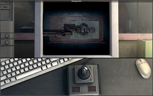 Wciśnij pierwszy przycisk, by rozewrzeć chwytak i joystickiem przesuń ramię robota odrobinę w prawo, nad trzecie pokrętło - Biuro terenowe FBI - Bronx, Nowy Jork (cz. 3) - Opis przejścia - 20.10.2009 - Art of Murder: Karty Przeznaczenia - poradnik do gry