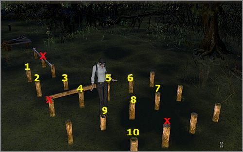 Skacz na kolejne słupki, czerwonymi krzyżykami oznaczyłam te, na których nie można stanąć - Chatka na bagnach - Luizjana (cz. 2) - Opis przejścia - 22.10.2009 - Art of Murder: Karty Przeznaczenia - poradnik do gry