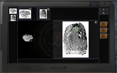 Przeciągnij oba odciski palców w górą część planszy - Opis przejścia - 23.10.2009 - Biuro terenowe FBI - Bronx, Nowy Jork - Art of Murder: Karty Przeznaczenia - poradnik do gry