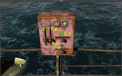 Przeciągnij lewą pionową dźwignię (podnoszenie lub opuszczanie ramienia dźwigu na określoną wysokość) w górę (1) - Fort - Maine (cz. 2) - Opis przejścia - 24.10.2009 - Art of Murder: Karty Przeznaczenia - poradnik do gry