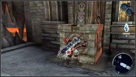 Wracamy na windę [1] , zabijając następnego demona trucizny, a gdy dojdziemy z powrotem do rzeki lawy, używamy stojącego obok posągu [2] - The Jailer | Opis przejścia Darksiders - Darksiders - poradnik do gry