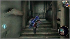 Ślizgamy się po ścianie na drugi koniec pomieszczenia [1] , a stamtąd wchodzimy na górę [2] - Iron Conopy (1) | Opis przejścia Darksiders - Darksiders - poradnik do gry