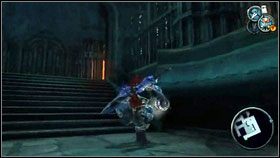 Po lewej, jest przyczepiony niebieski hak [1] , którego chwytamy się Abyssal Chainem - The Black Throne (1) | Opis przejścia Darksiders - Darksiders - poradnik do gry