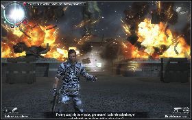 Zamontuj je na dwóch działach przeciwlotniczych [1] (między granatami i ładunkami przełączasz się wciskając G, a zamocować ładunek możesz prawym przyciskiem myszy, jeśli nie trzymasz w dłoniach dwóch broni naraz), odejdź na bezpieczną odległość i zdetonuj [2] (wciśnij i przytrzymaj prawy przycisk - Witamy w Panau (2) | Opis przejścia Just Cause 2 - Agencja - Just Cause 2 - poradnik do gry