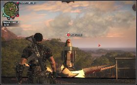Zastrzel okolicznych żołnierzy [1] i przeskocz na platformę przy głowicy rakiety [2] - Kosmiczna rozróba | Opis przejścia Just Cause 2 - Ularowcy I - Just Cause 2 - poradnik do gry