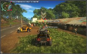 Następnie kontynuuj swoją jazdę [1] , starając się omijać maszyny przeciwnika - Wyciąganie Jeremyego | Opis przejścia Just Cause 2 - Ularowcy III - Just Cause 2 - poradnik do gry