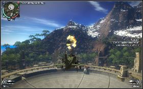 Po aktywacji drugiego panelu udaj się na lądowisko ze śmigłowcem [1] , wystartuj, wznieś się w górę i szybko zniszcz wysuniętą antenę [2] - Na antenie | Opis przejścia Just Cause 2 - Ularowcy III - Just Cause 2 - poradnik do gry