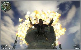 Przejdź na koniec masztu, gdzie zainstaluj drugi ładunek [1] , po czym rzuć się w przepaść i podziwiaj efektowną eksplozję [2] - Pirackie nagranie | Opis przejścia Just Cause 2 - Żniwiarze I - Just Cause 2 - poradnik do gry