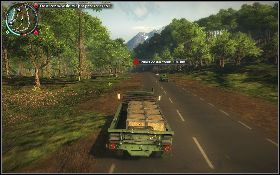 Skieruj się w stronę ciężarówki [1] stojącej przy stacji benzynowej - Co dziś w menu | Opis przejścia Just Cause 2 - Żniwiarze IV - Just Cause 2 - poradnik do gry