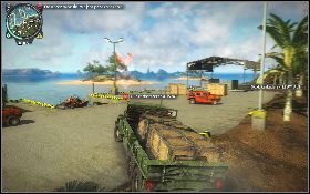 W czasie jazdy staraj się nie wjeżdżać na wertepy, bo mogłoby to spowodować upadek skrzyń, a na miejsce muszą przyjechać przynajmniej trzy pudła - Co dziś w menu | Opis przejścia Just Cause 2 - Żniwiarze IV - Just Cause 2 - poradnik do gry